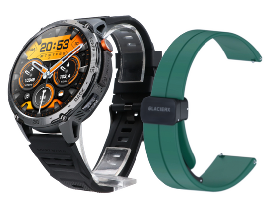 New Smartwatch GlacierX Monument GX-MC69 + Silicone Magnetic Buckle Forest Green Malachite 22mm