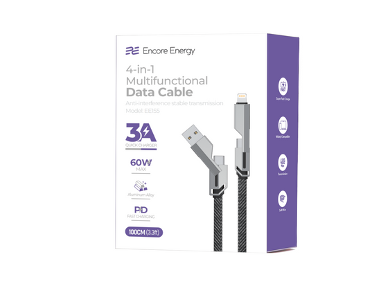 Новий кабель Encore Energy 4в1 USB-C USB-A Lightning 3A плоский провід в оплетці QC PD 60W для зарядки та передачі даних 100 см EE155