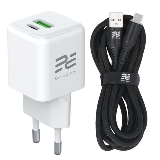 Nouveau chargeur secteur GaN 20W USB-A USB-C QC PD Encore Energy MD-2083ZC + câble USB-A USB-C 2m