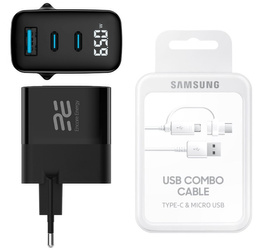 Caricatore da muro USB nuovo Encore Energy GaN QC 4+ PD 3.0 USB-A USB-C x2 65W con display + Cavo Samsung Combo USB