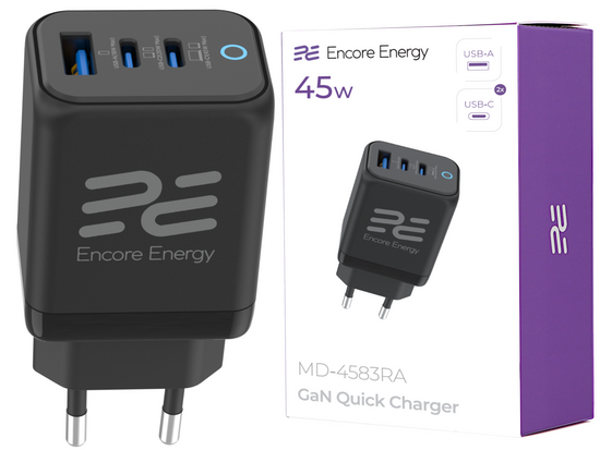 Нова мережна зарядка GaN 45W USB-A + 2x USB-C QC PPS PD Encore Energy MD-4583RA