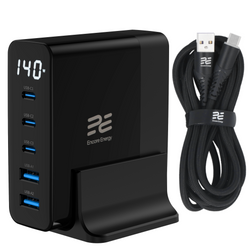 Neues Netzladegerät Encore Energy GaN QC 4+ 5.0 PD 3.0 USB-A x2 USB-C x3 140W GaN-14083R mit Display + USB-A USB-C Kabel 2m