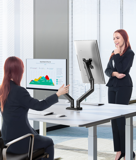 Nuovo Supporto da Scrivania Triadyn DuoFlexMount per Due Monitor TV 13-32" Ergonomico Regolabile Rotante TRD-BLK-2AL-13"-32"