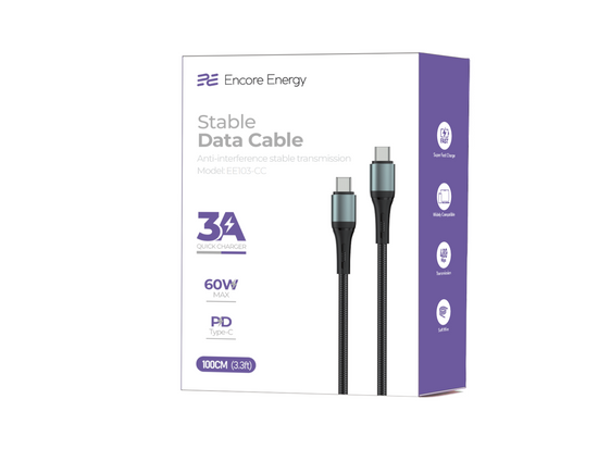 New Encore Energy USB-C x2 3A QC PD 60W charging and data transfer cable 100 cm braided black EE103-CC