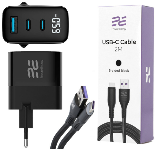 Nouvel adaptateur secteur Encore Energy GaN QC 4+ PD 3.0 USB-A USB-C x2 65W MD-6583R avec écran + câble USB Encore Energy 2m