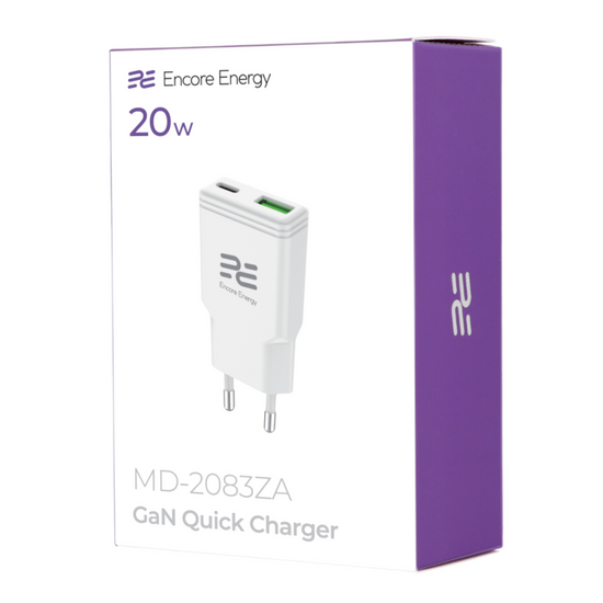 New SLIM GaN 20W USB-A USB-C QC PD wall charger Encore Energy MD-2083ZA + 2x USB-C 50cm cable