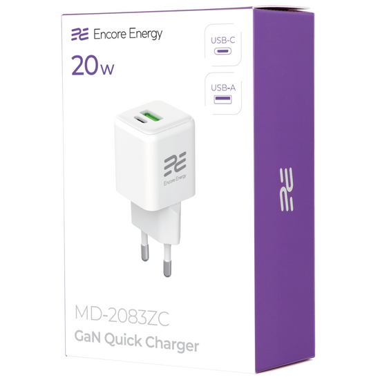 Нова мережна зарядка GaN 20W USB-A USB-C QC PD Encore Energy MD-2083ZC + кабель 2x USB-C 100см