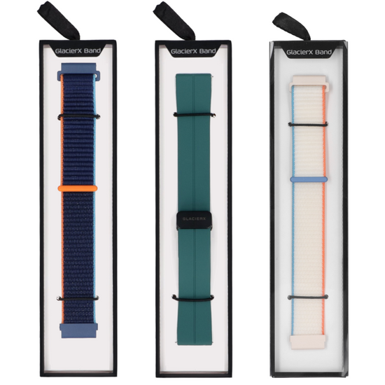 Set di cinturini per smartwatch GlacierX Grip Strap Nylon Tropical Cream + Fibbia Magnetica in Silicone Verde Foresta + Grip Strap Nylon Ocean Blue 22mm