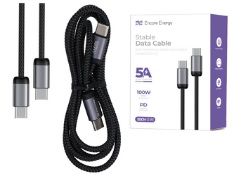 Nuovo cavo Encore Energy USB-C x2 5A cavo QC PD 100W per ricarica e trasferimento dati 100 cm intrecciato nero EE121-CC-1M