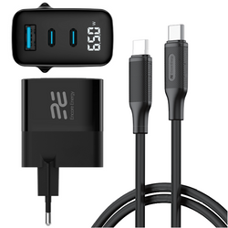Nuovo caricabatterie di rete Encore Energy GaN QC 4+ PD 3.0 USB-A USB-C x2 65W MD-6583R display + Cavo USB-C Encore Energy 2m