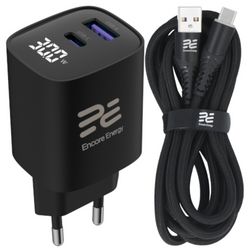 Nuovo caricabatterie da rete Encore Energy GaN QC 4 PD 3.0 USB-A USB-C 30W GaN-3083R con display + cavo USB-A USB-C 2m